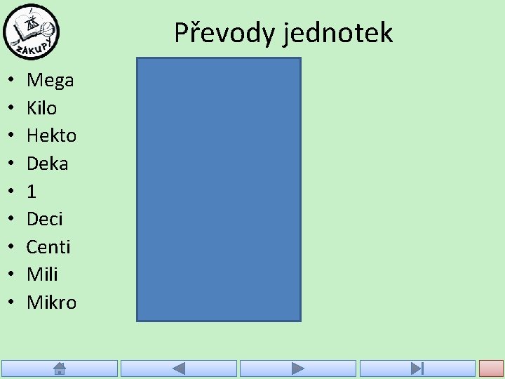 Převody jednotek • • • Mega Kilo Hekto Deka 1 Deci Centi Mili Mikro