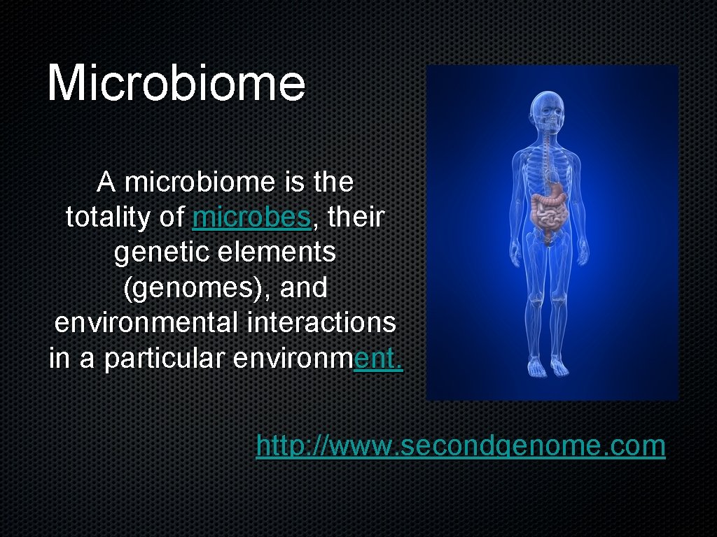 Microbiome A microbiome is the totality of microbes, their genetic elements (genomes), and environmental