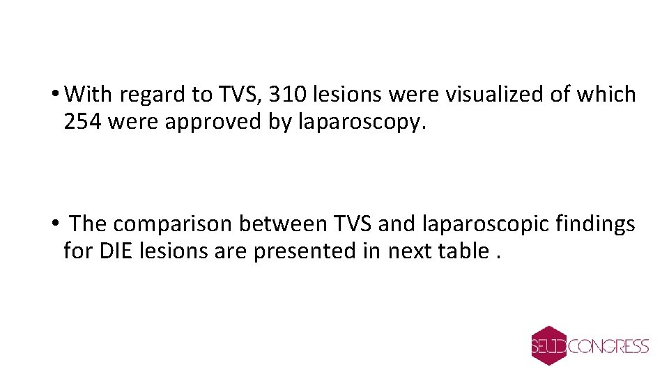  • With regard to TVS, 310 lesions were visualized of which 254 were