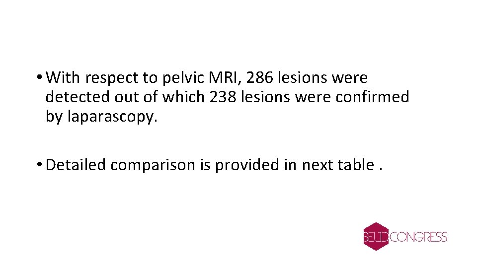  • With respect to pelvic MRI, 286 lesions were detected out of which