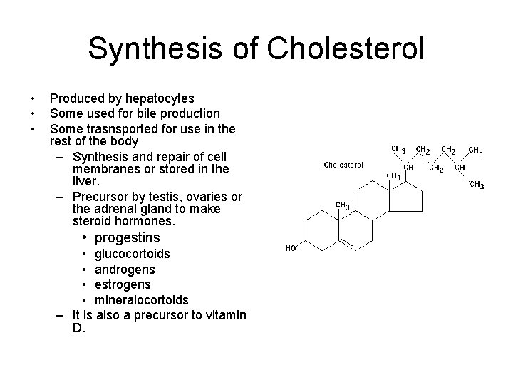 Synthesis of Cholesterol • • • Produced by hepatocytes Some used for bile production