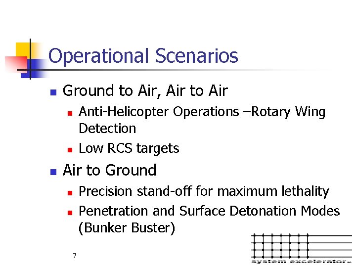 Operational Scenarios n Ground to Air, Air to Air n n n Anti-Helicopter Operations