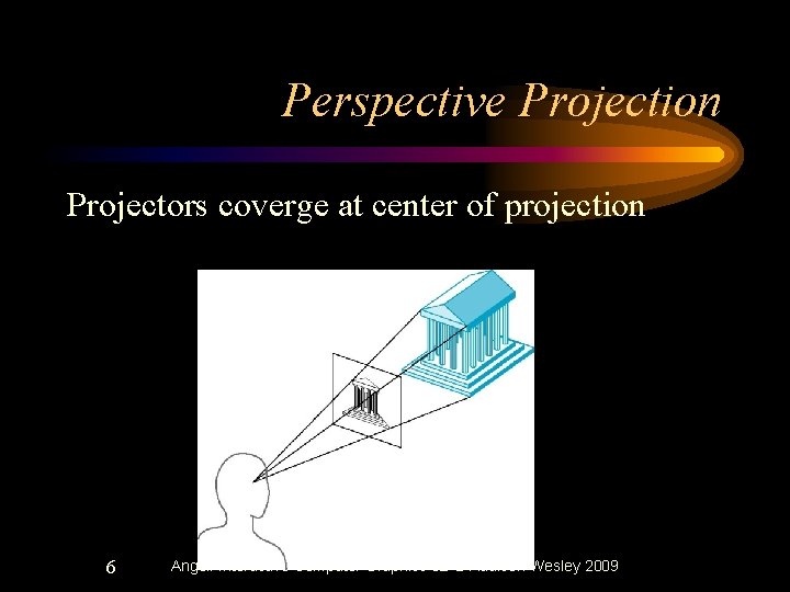 Perspective Projection Projectors coverge at center of projection 6 Angel: Interactive Computer Graphics 5