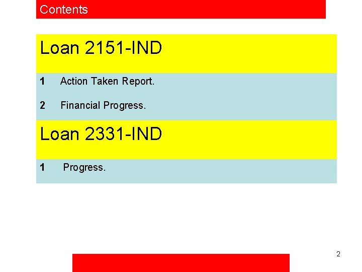 Contents Loan 2151 -IND 1 Action Taken Report. 2 Financial Progress. Loan 2331 -IND