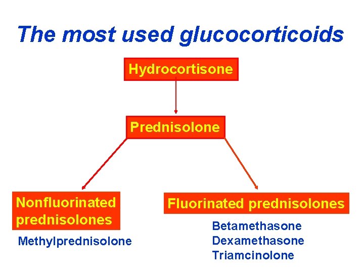 The most used glucocorticoids Hydrocortisone Prednisolone Nonfluorinated prednisolones Methylprednisolone Fluorinated prednisolones Betamethasone Dexamethasone Triamcinolone