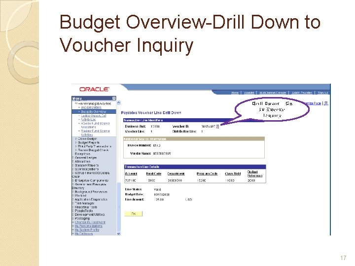 Budget Overview-Drill Down to Voucher Inquiry Drill Down – Go to Source Inquiry 17