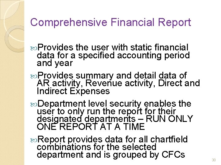 Comprehensive Financial Report Provides the user with static financial data for a specified accounting