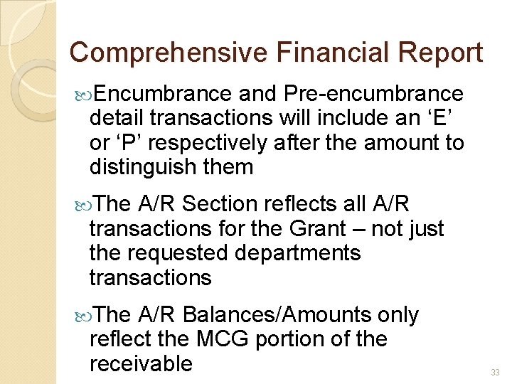 Comprehensive Financial Report Encumbrance and Pre-encumbrance detail transactions will include an ‘E’ or ‘P’