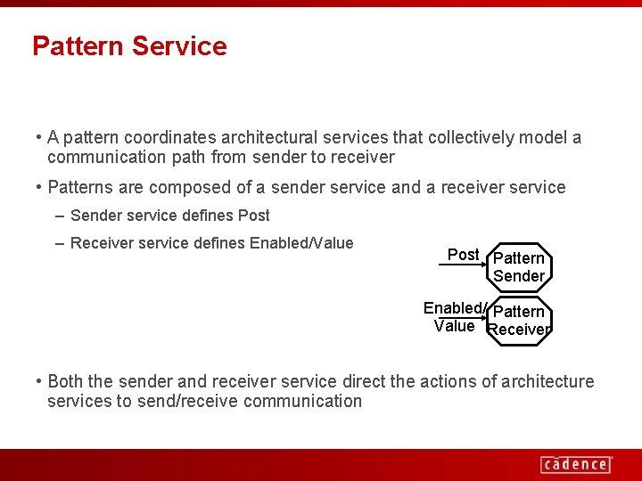Pattern Service • A pattern coordinates architectural services that collectively model a communication path