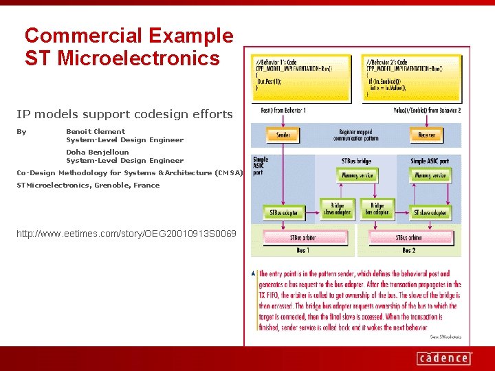 Commercial Example ST Microelectronics IP models support codesign efforts By Benoit Clement System-Level Design