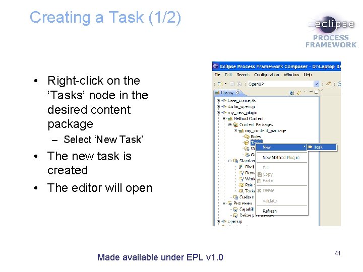 Creating a Task (1/2) • Right-click on the ‘Tasks’ node in the desired content