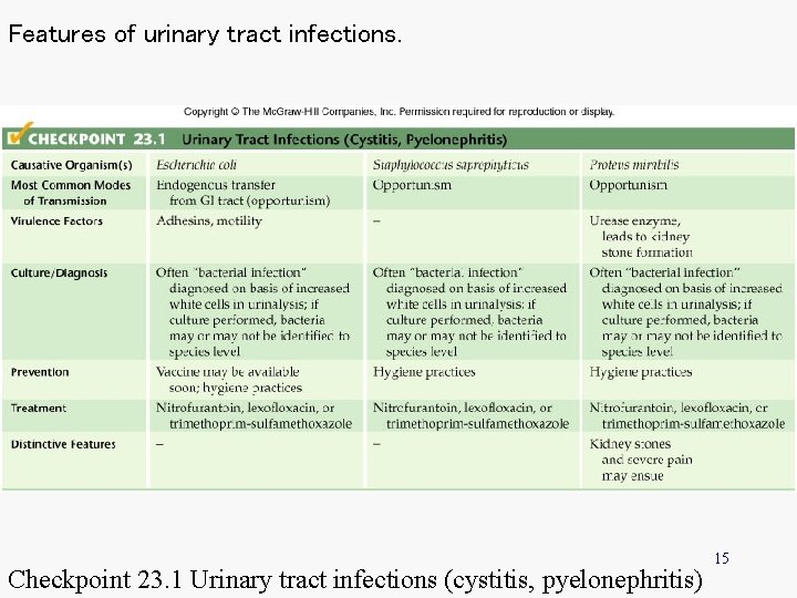 Features of urinary tract infections. Checkpoint 23. 1 Urinary tract infections (cystitis, pyelonephritis) 15