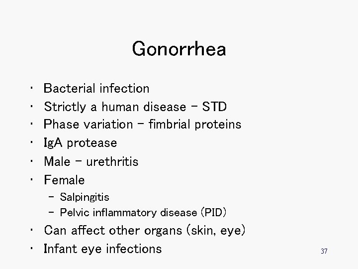 Gonorrhea • • • Bacterial infection Strictly a human disease - STD Phase variation