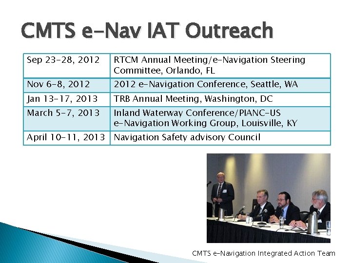 CMTS e-Nav IAT Outreach Sep 23 -28, 2012 RTCM Annual Meeting/e-Navigation Steering Committee, Orlando,