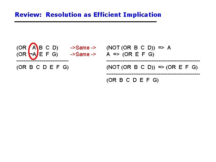 Review: Resolution as Efficient Implication (OR A B C D) ->Same -> (OR ¬A