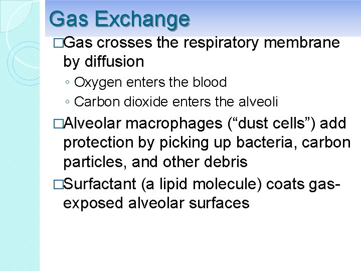 Gas Exchange �Gas crosses the respiratory membrane by diffusion ◦ Oxygen enters the blood