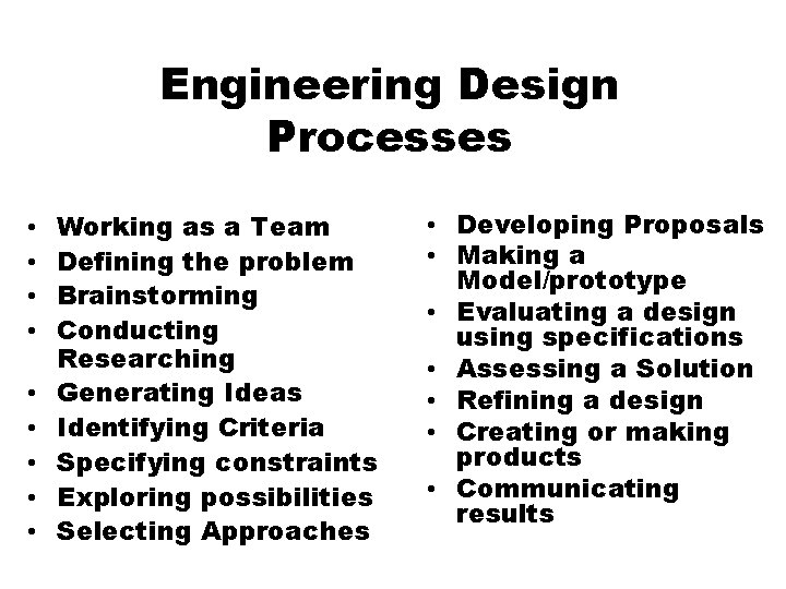 Engineering Design Processes • • • Working as a Team Defining the problem Brainstorming