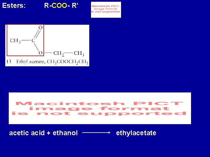 Esters: R-COO- R’ acetic acid + ethanol ethylacetate 
