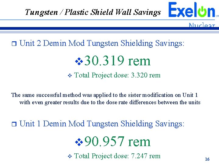 Tungsten / Plastic Shield Wall Savings r Unit 2 Demin Mod Tungsten Shielding Savings: Tungsten / Plastic Shield Wall Savings r Unit 2 Demin Mod Tungsten Shielding Savings: