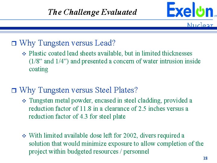 The Challenge Evaluated r Why Tungsten versus Lead? v r Plastic coated lead sheets The Challenge Evaluated r Why Tungsten versus Lead? v r Plastic coated lead sheets