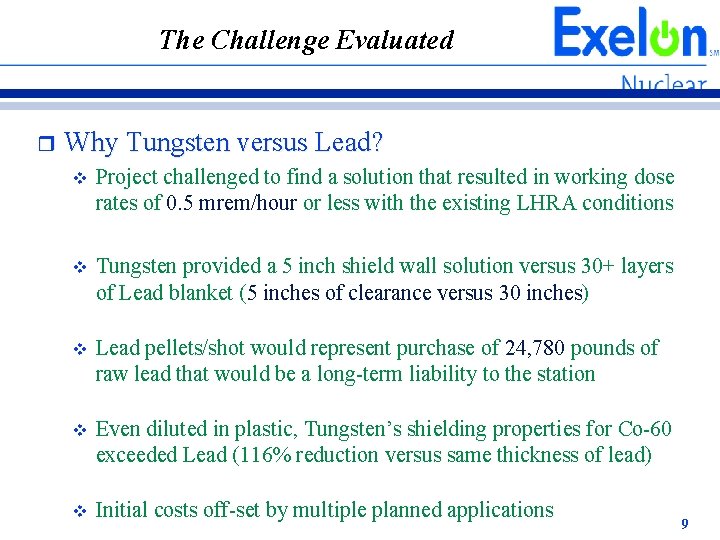 The Challenge Evaluated r Why Tungsten versus Lead? v Project challenged to find a The Challenge Evaluated r Why Tungsten versus Lead? v Project challenged to find a