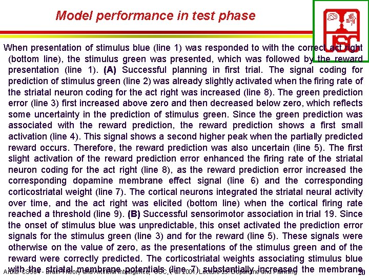 Model performance in test phase When presentation of stimulus blue (line 1) was responded