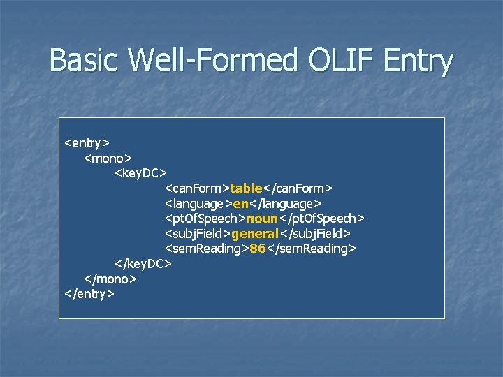 Basic Well-Formed OLIF Entry <entry> <mono> <key. DC> <can. Form>table</can. Form> <language>en</language> <pt. Of. Basic Well-Formed OLIF Entry <entry> <mono> <key. DC> <can. Form>table</can. Form> <language>en</language> <pt. Of.