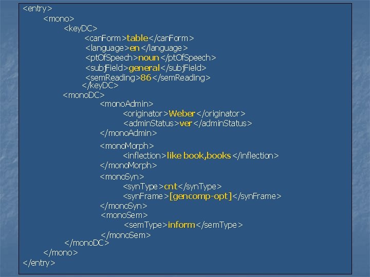 <entry> <mono> <key. DC> <can. Form>table</can. Form> <language>en</language> <pt. Of. Speech>noun</pt. Of. Speech> <subj. <entry> <mono> <key. DC> <can. Form>table</can. Form> <language>en</language> <pt. Of. Speech>noun</pt. Of. Speech> <subj.