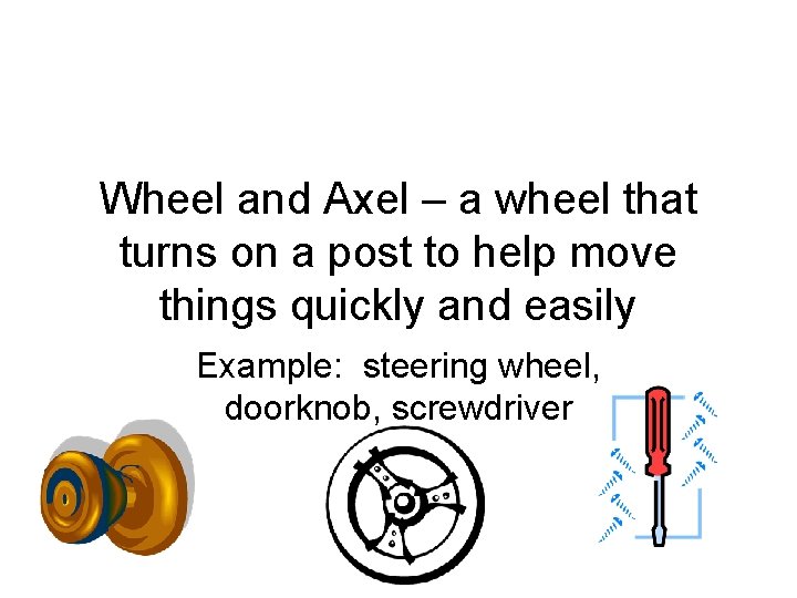 Wheel and Axel – a wheel that turns on a post to help move