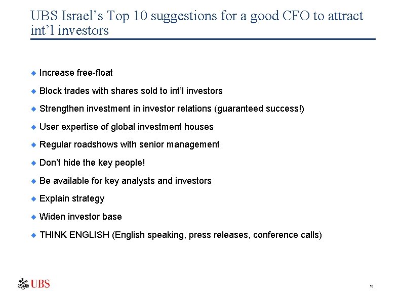 UBS Israel’s Top 10 suggestions for a good CFO to attract int’l investors ¨