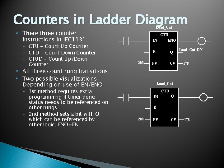 Counters in Ladder Diagram There three counter instructions in IEC 1131 ◦ CTU -