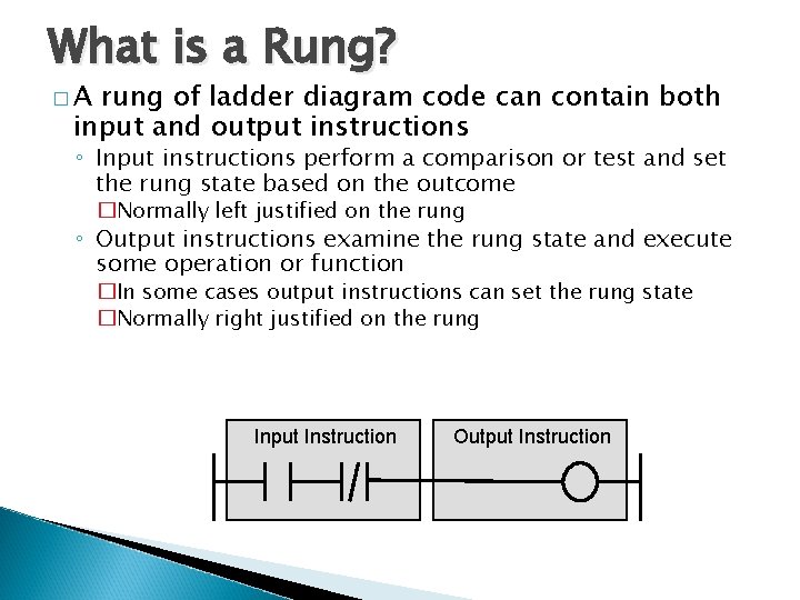 What is a Rung? �A rung of ladder diagram code can contain both input