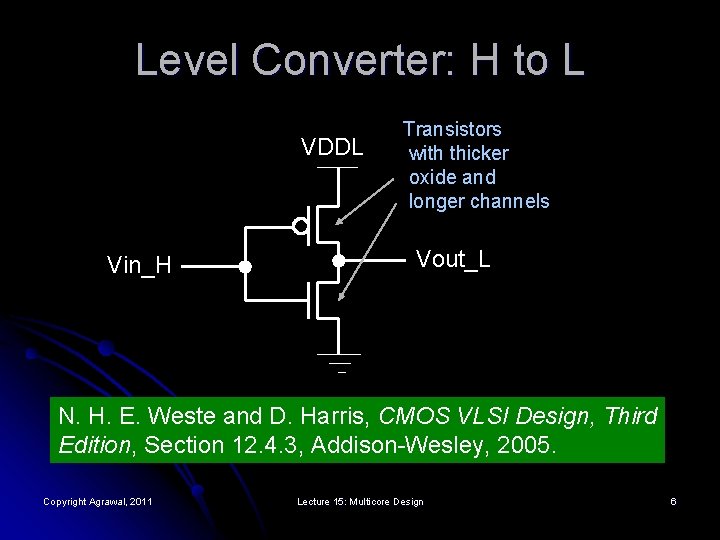 Level Converter: H to L VDDL Vin_H Transistors with thicker oxide and longer channels