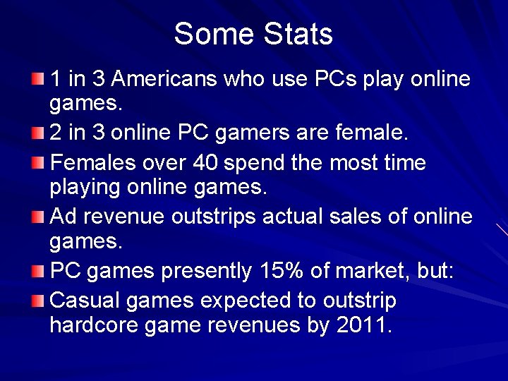 Some Stats 1 in 3 Americans who use PCs play online games. 2 in