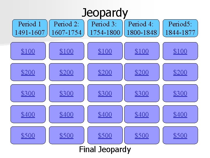 Jeopardy Period 1 Period 2: 1491 -1607 -1754 Period 3: Period 4: 1754 -1800