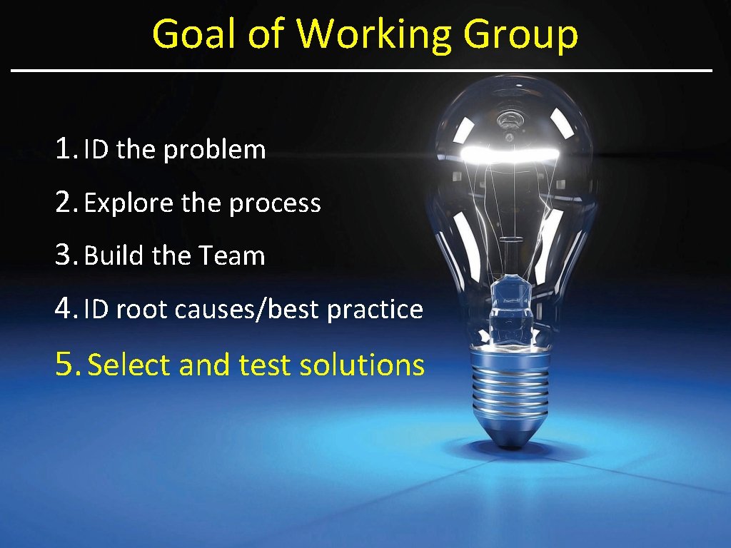 Goal of Working Group 1. ID the problem 2. Explore the process 3. Build