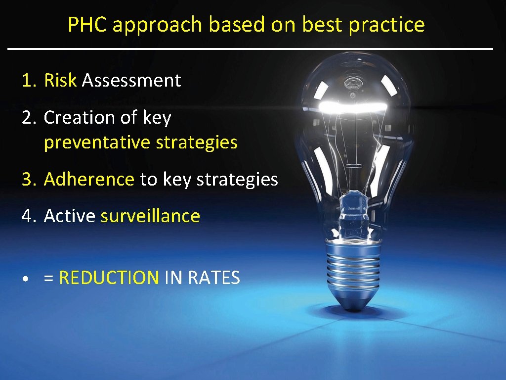 PHC approach based on best practice 1. Risk Assessment 2. Creation of key preventative