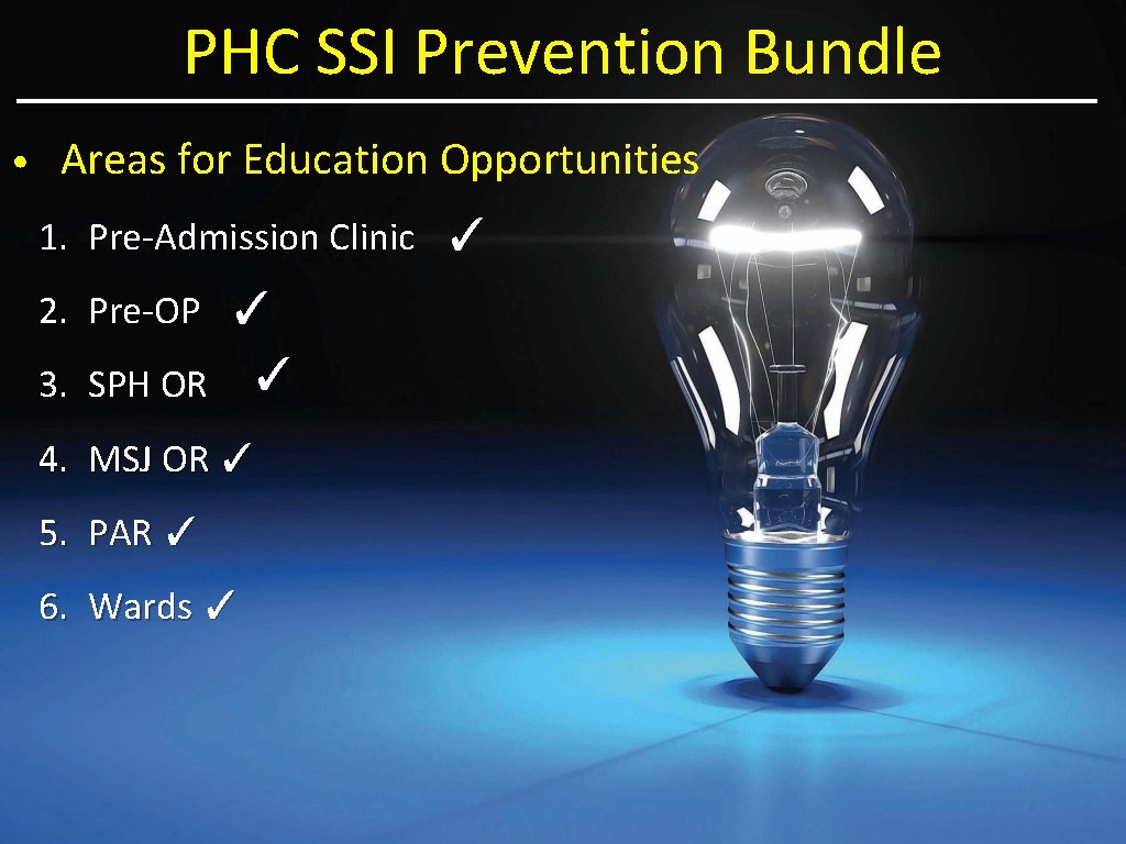 PHC SSI Prevention Bundle • Areas for Education Opportunities 1. Pre-Admission Clinic ✓ 2.