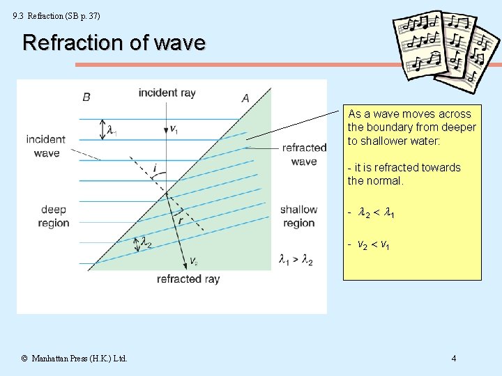 9. 3 Refraction (SB p. 37) Refraction of wave As a wave moves across