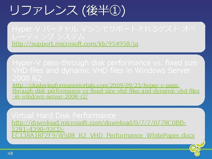 リファレンス (後半①) Hyper-V バーチャル マシンでサポートされるゲスト オペ レーティング システム http: //support. microsoft. com/kb/954958/ja Hyper-V pass-through