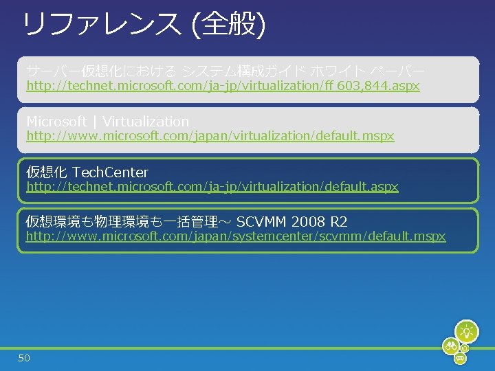 リファレンス (全般) サーバー仮想化における システム構成ガイド ホワイト ペーパー http: //technet. microsoft. com/ja-jp/virtualization/ff 603, 844. aspx Microsoft