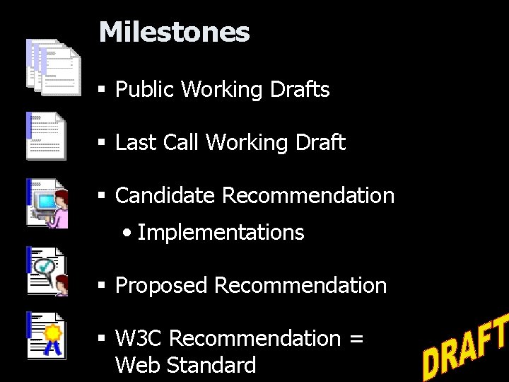 Milestones § Public Working Drafts § Last Call Working Draft § Candidate Recommendation •