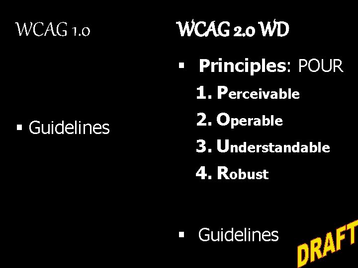 WCAG 1. 0 WCAG 2. 0 WD § Guidelines § Principles: POUR 1. Perceivable