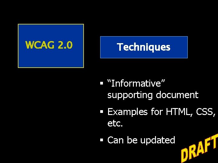 WCAG 2. 0 Techniques § “Informative” supporting document § Examples for HTML, CSS, etc.