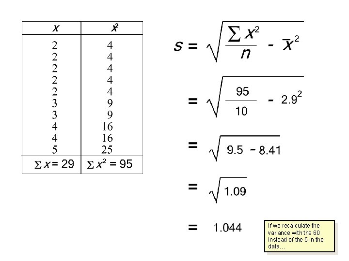 If we recalculate the variance with the 60 instead of the 5 in the If we recalculate the variance with the 60 instead of the 5 in the