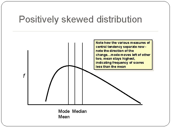 Positively skewed distribution Note how the various measures of central tendency separate now note Positively skewed distribution Note how the various measures of central tendency separate now note