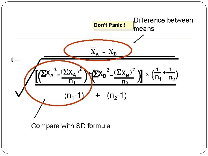 Difference between means Don’t Panic ! — XA t= 2 ( SX ) 2 Difference between means Don’t Panic ! — XA t= 2 ( SX ) 2