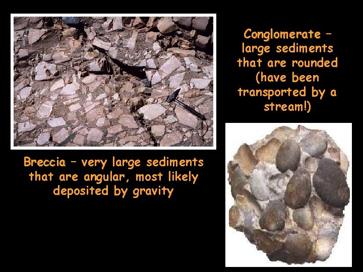 Conglomerate – large sediments that are rounded (have been transported by a stream!) Breccia