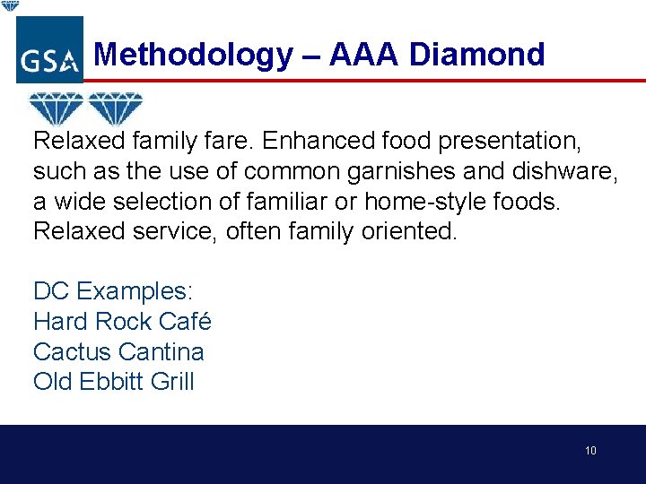 Methodology – AAA Diamond Relaxed family fare. Enhanced food presentation, such as the use