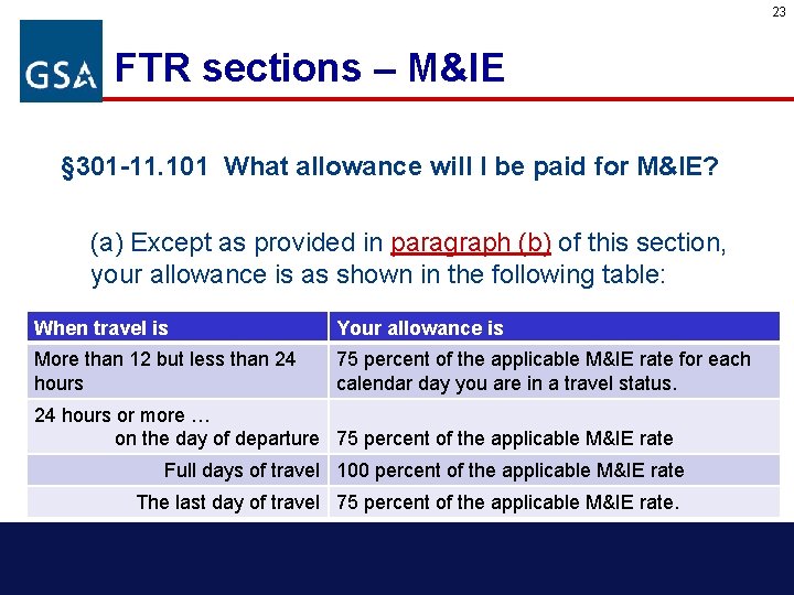 23 FTR sections – M&IE § 301 -11. 101 What allowance will I be